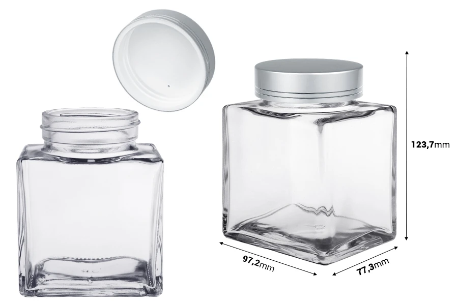 Pot en verre de luxe 500 ml avec couvercle argenté mat et bande argentée - 6 pcs