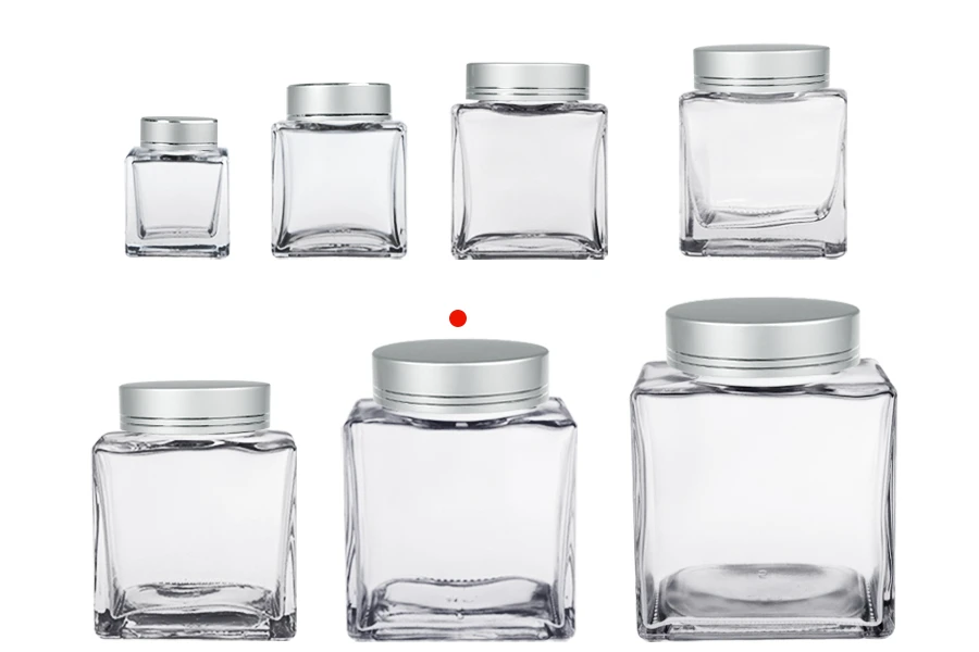 Pot en verre de luxe 500 ml avec couvercle argenté mat et bande argentée - 6 pcs