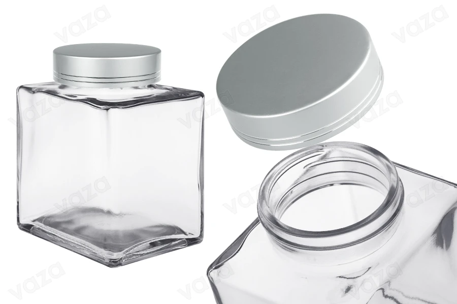 Γυάλινο βάζο 750 ml πολυτελείας με ασημί ματ καπάκι και ασημί ρίγα - 6 τμχ-εικόνα_προϊοντική