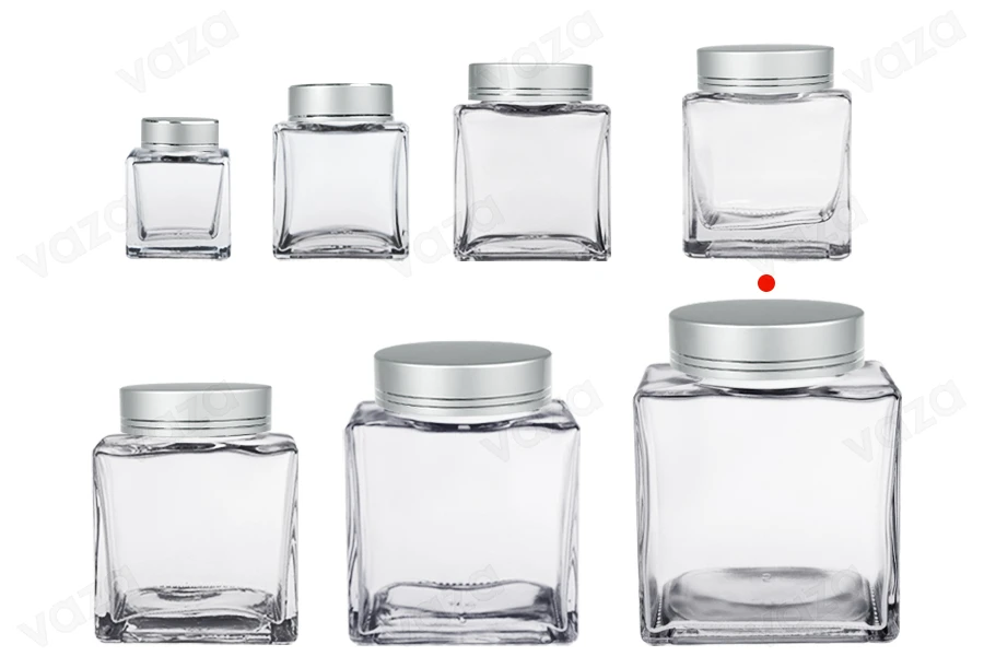 Γυάλινο βάζο 750 ml πολυτελείας με ασημί ματ καπάκι και ασημί ρίγα - 6 τμχ-εικόνα_σύνθεση