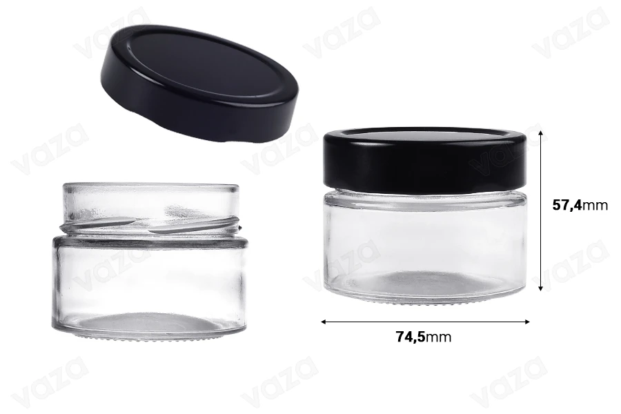 Γυάλινο κυλινδρικό βάζο 100 ml με μαύρο καπάκι Τ.Ο 70 Deep - 140 τμχ Γυάλινο κυλινδρικό βάζο 100 ml με μαύρο καπάκι Τ.Ο 70 Deep - 140 τμχ-εικόνα_διαστάσεις