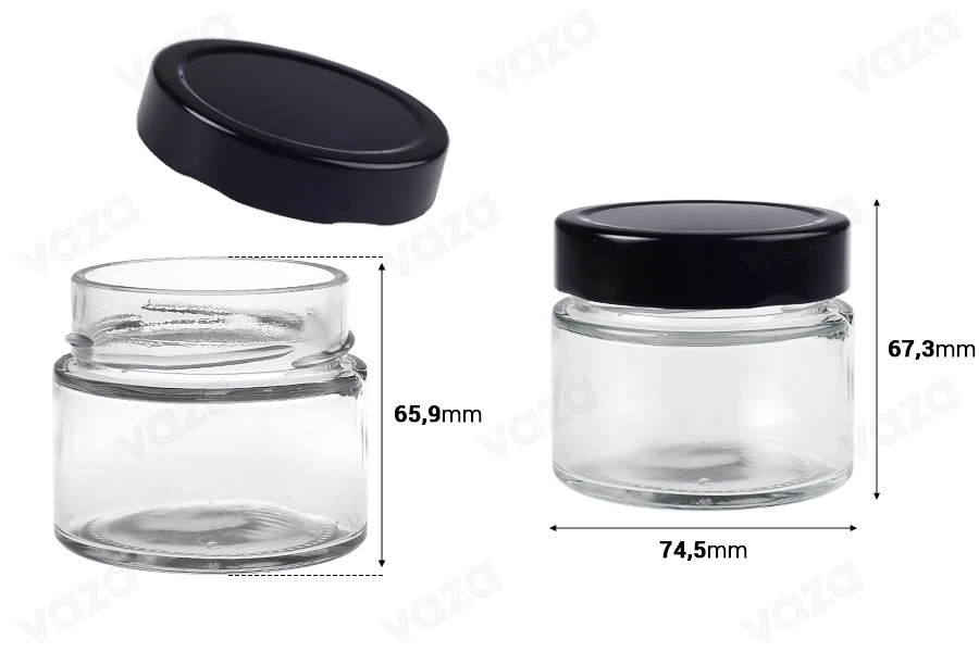 Γυάλινο κυλινδρικό βάζο 150 ml με μαύρο καπάκι Τ.Ο 70 Deep - 120 τμχ Γυάλινο κυλινδρικό βάζο 150 ml με μαύρο καπάκι Τ.Ο 70 Deep - 120 τμχ-εικόνα_διαστάσεις