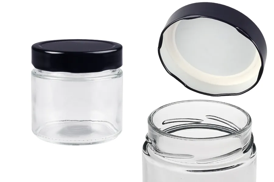 Γυάλινο κυλινδρικό βάζο 280 ml με μαύρο καπάκι Τ.Ο 82 Deep - 96 τμχ Γυάλινο κυλινδρικό βάζο 280 ml με μαύρο καπάκι Τ.Ο 82 Deep - 96 τμχ