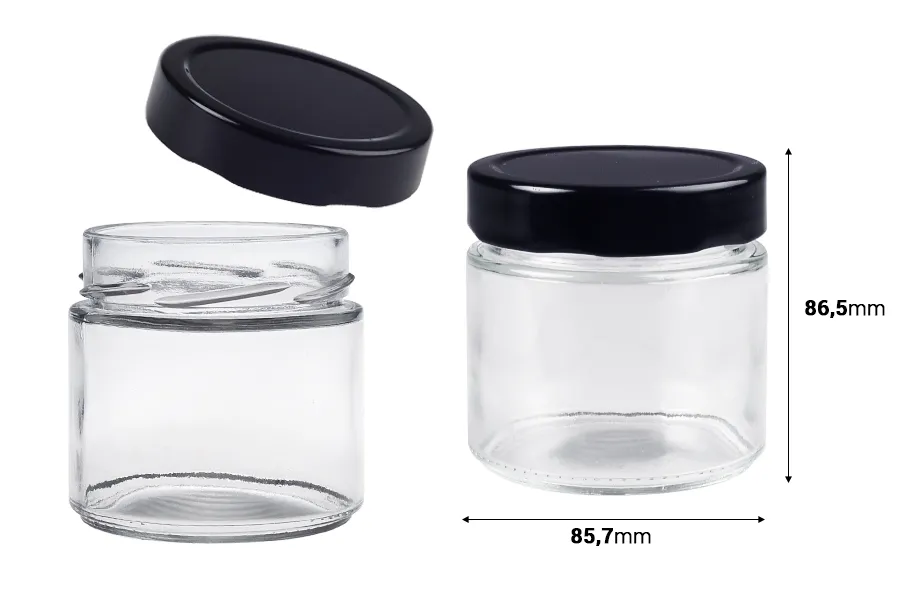 Γυάλινο κυλινδρικό βάζο 280 ml με μαύρο καπάκι Τ.Ο 82 Deep - 96 τμχ Γυάλινο κυλινδρικό βάζο 280 ml με μαύρο καπάκι Τ.Ο 82 Deep - 96 τμχ