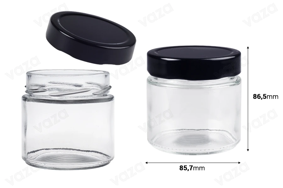Kavanoz qelqi cilindrik 280 ml me kapak të zi T.O 82 Deep - 96 copë Kavanoz qelqi cilindrik 280 ml me kapak të zi T.O 82 Deep - 96 copë-imazh_dimensione