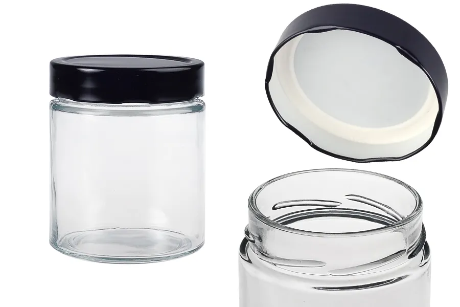 Γυάλινο κυλινδρικό βάζο 380 ml με μαύρο καπάκι Τ.Ο 82 Deep - 72 τμχ