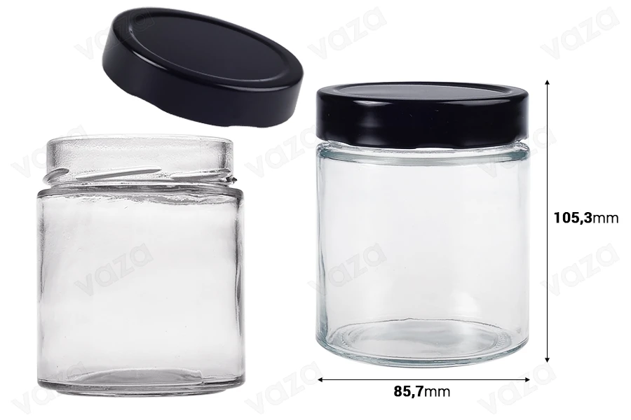 Γυάλινο κυλινδρικό βάζο 380 ml με μαύρο καπάκι Τ.Ο 82 Deep - 72 τμχ-εικόνα_διαστάσεις