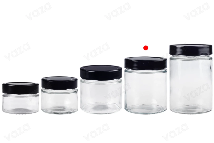 Γυάλινο κυλινδρικό βάζο 380 ml με μαύρο καπάκι Τ.Ο 82 Deep - 72 τμχ-εικόνα_σύνθεση