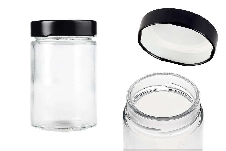 Γυάλινο κυλινδρικό βάζο 220 ml με μαύρο καπάκι Τ.Ο 63 Deep - 105 τμχ Γυάλινο κυλινδρικό βάζο 220 ml με μαύρο καπάκι Τ.Ο 63 Deep - 105 τμχ