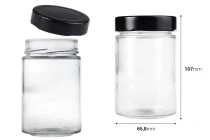 Γυάλινο κυλινδρικό βάζο 220 ml με μαύρο καπάκι Τ.Ο 63 Deep - 105 τμχ Γυάλινο κυλινδρικό βάζο 220 ml με μαύρο καπάκι Τ.Ο 63 Deep - 105 τμχ