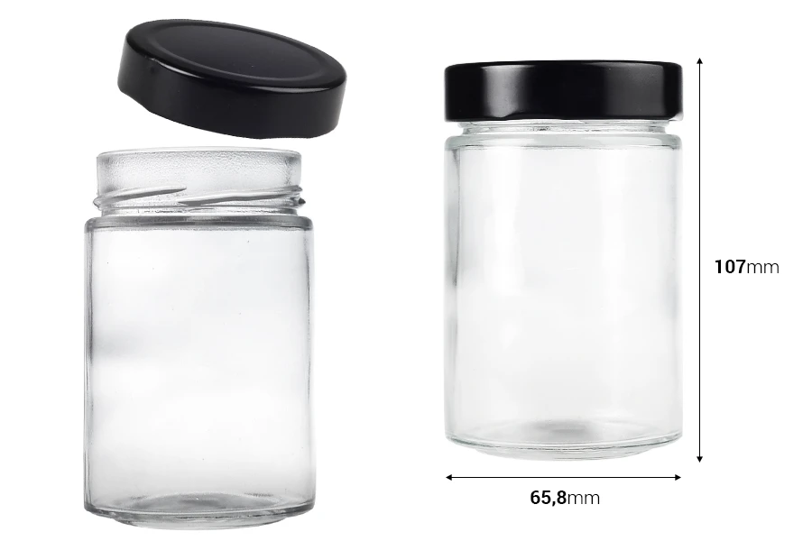 Γυάλινο κυλινδρικό βάζο 220 ml με μαύρο καπάκι Τ.Ο 63 Deep - 105 τμχ Γυάλινο κυλινδρικό βάζο 220 ml με μαύρο καπάκι Τ.Ο 63 Deep - 105 τμχ