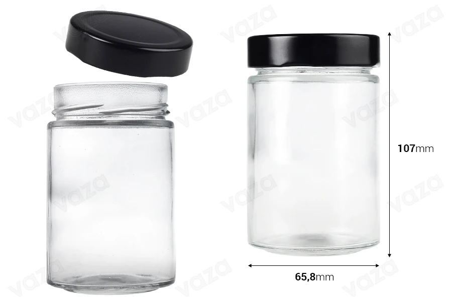 Cylindrical glass jar 220 ml with black cap T.O 63 Deep - 105 pcs Cylindrical glass jar 220 ml with black cap T.O 63 Deep - 105 pcs-image_dimensions