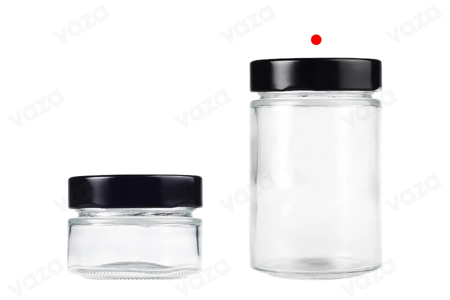 Cylindrical glass jar 220 ml with black cap T.O 63 Deep - 105 pcs Cylindrical glass jar 220 ml with black cap T.O 63 Deep - 105 pcs-image_group