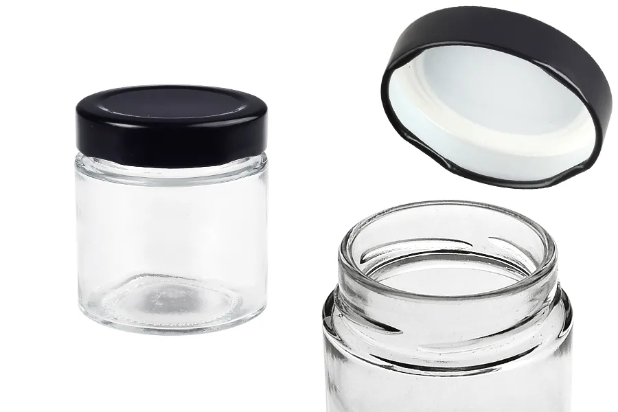 Γυάλινο κυλινδρικό βάζο 100 ml με μαύρο καπάκι Τ.Ο 58 Deep - 160 τμχ Γυάλινο κυλινδρικό βάζο 100 ml με μαύρο καπάκι Τ.Ο 58 Deep - 160 τμχ