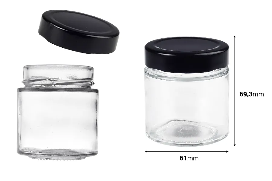 Γυάλινο κυλινδρικό βάζο 100 ml με μαύρο καπάκι Τ.Ο 58 Deep - 160 τμχ Γυάλινο κυλινδρικό βάζο 100 ml με μαύρο καπάκι Τ.Ο 58 Deep - 160 τμχ