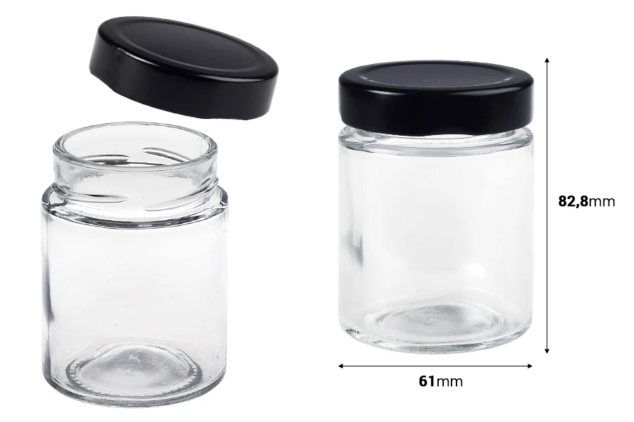 Γυάλινο κυλινδρικό βάζο 150 ml με μαύρο καπάκι Τ.Ο 58 Deep - 120 τμχ Γυάλινο κυλινδρικό βάζο 150 ml με μαύρο καπάκι Τ.Ο 58 Deep - 120 τμχ