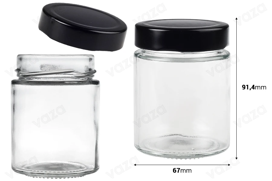 Γυάλινο κυλινδρικό βάζο 180 ml με μαύρο καπάκι Τ.Ο 63 Deep - 120 τμχ-εικόνα_διαστάσεις