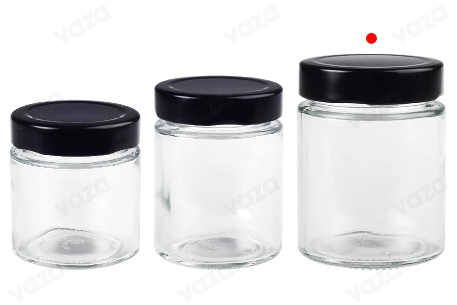 Γυάλινο κυλινδρικό βάζο 180 ml με μαύρο καπάκι Τ.Ο 63 Deep - 120 τμχ-εικόνα_σύνθεση