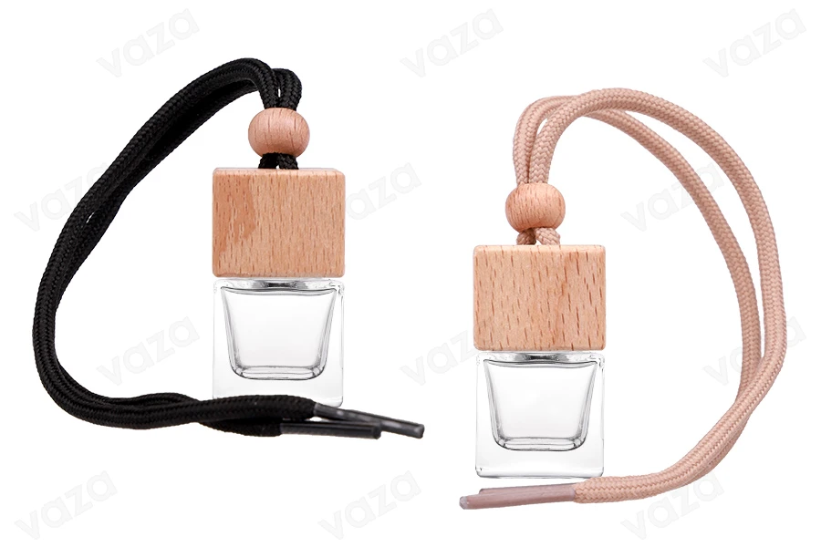 Μπουκαλάκι 7 ml σε σχήμα κύβου για αρωματικό αυτοκινήτου με ξύλινο τετράγωνο καπάκι και τάπα - 25 τμχ-εικόνα_προϊοντική
