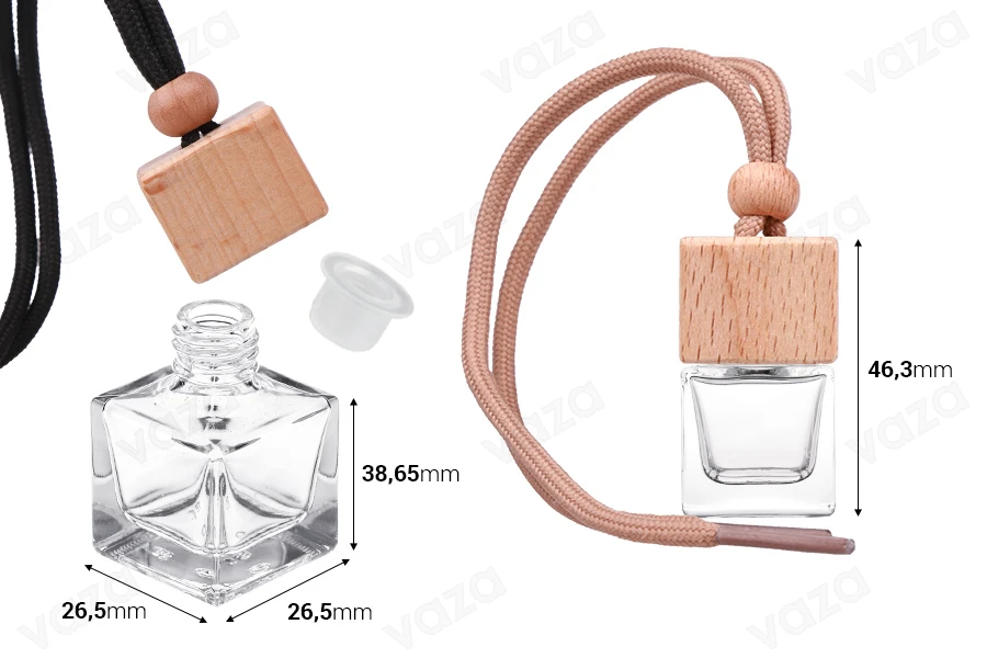 Μπουκαλάκι 7 ml σε σχήμα κύβου για αρωματικό αυτοκινήτου με ξύλινο τετράγωνο καπάκι και τάπα - 25 τμχ-εικόνα_διαστάσεις