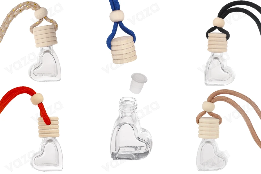 Shishe qelqi 4 ml në formë zemre për aromatizues makinash, me kapak druri dhe tapë – paketim me 25 copë.   -imazh_produkt