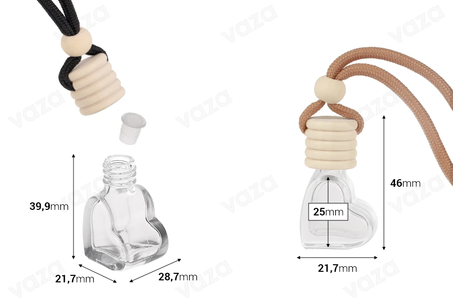 Shishe qelqi 4 ml në formë zemre për aromatizues makinash, me kapak druri dhe tapë – paketim me 25 copë.   -imazh_dimensione