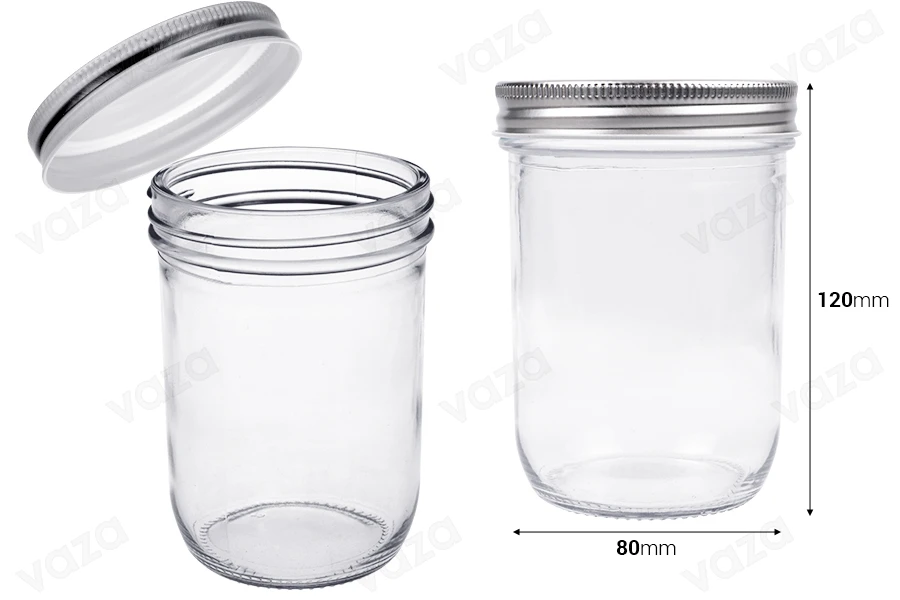 Kavanoz qelqi 450 ml me kapak alumini ngjyrë argjendi - 6 copë Kavanoz qelqi 450 ml me kapak alumini ngjyrë argjendi - 6 copë-imazh_dimensione