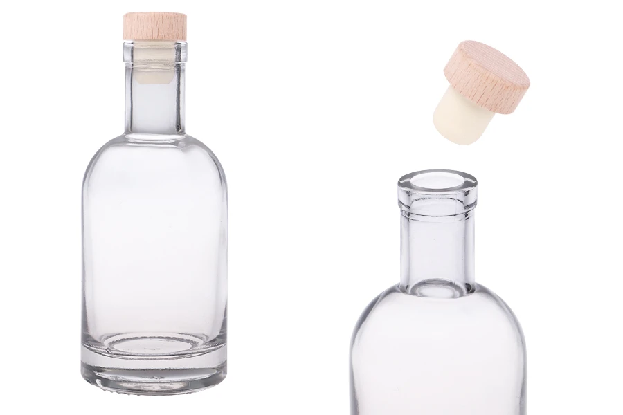 Γυάλινο στρογγυλό μπουκάλι 200 ml με φελλό σιλικόνης με ξύλινη κεφαλή Γυάλινο στρογγυλό μπουκάλι 200 ml με φελλό σιλικόνης με ξύλινη κεφαλή