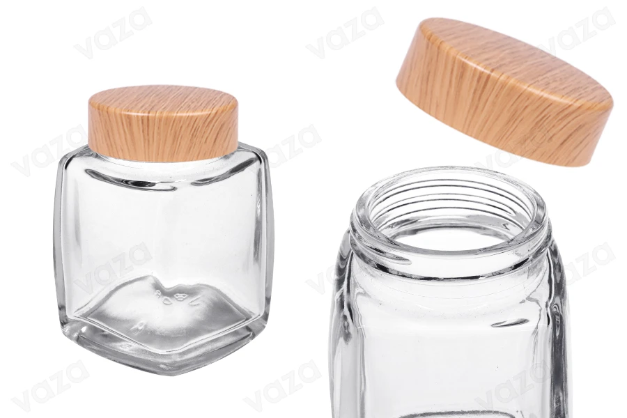 Kavanoz qelqi 100 ml me kapak plastik në dizajn druri - 6 copë Kavanoz qelqi 100 ml me kapak plastik në dizajn druri - 6 copë-imazh_produkt