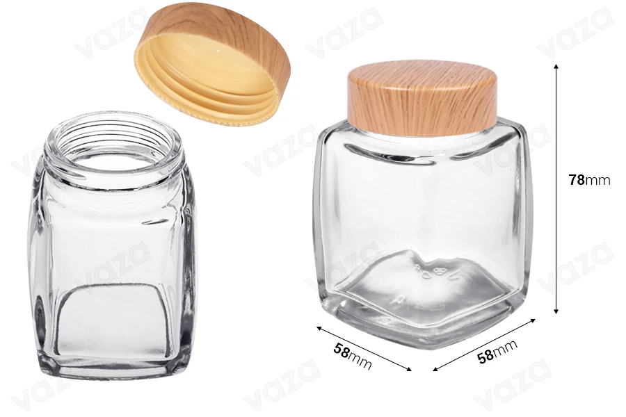 Kavanoz qelqi 100 ml me kapak plastik në dizajn druri - 6 copë Kavanoz qelqi 100 ml me kapak plastik në dizajn druri - 6 copë-imazh_dimensione