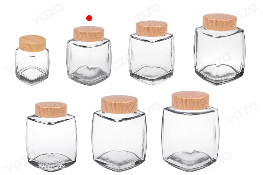 Kavanoz qelqi 100 ml me kapak plastik në dizajn druri - 6 copë Kavanoz qelqi 100 ml me kapak plastik në dizajn druri - 6 copë-imazh_grup