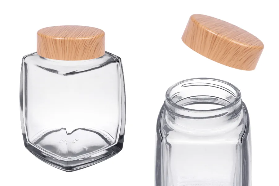 Γυάλινο βάζο 280 ml με πλαστικό καπάκι σε σχέδιο ξύλου - 6 τμχ