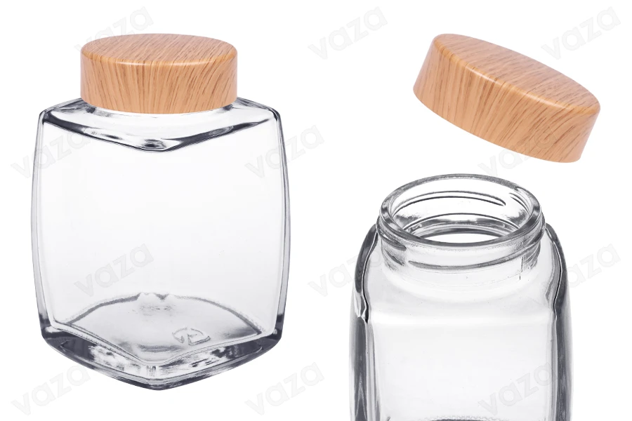 Kavanoz qelqi 360 ml me kapak plastik në dizajn druri - 4 copë Kavanoz qelqi 360 ml me kapak plastik në dizajn druri - 4 copë-imazh_produkt