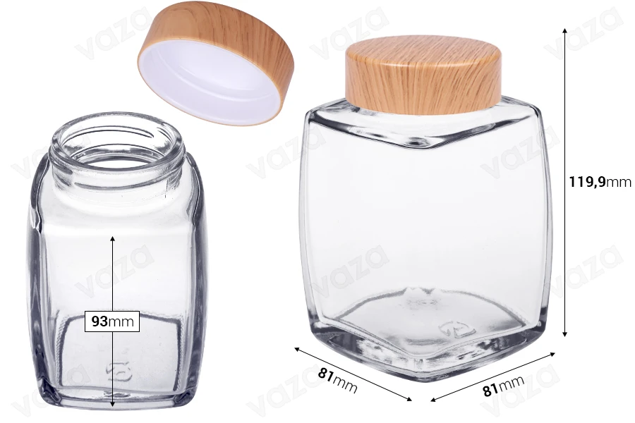 Kavanoz qelqi 360 ml me kapak plastik në dizajn druri - 4 copë Kavanoz qelqi 360 ml me kapak plastik në dizajn druri - 4 copë-imazh_dimensione