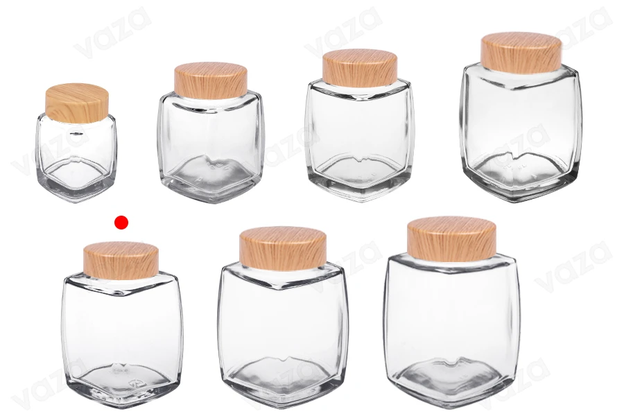 Kavanoz qelqi 360 ml me kapak plastik në dizajn druri - 4 copë Kavanoz qelqi 360 ml me kapak plastik në dizajn druri - 4 copë-imazh_grup