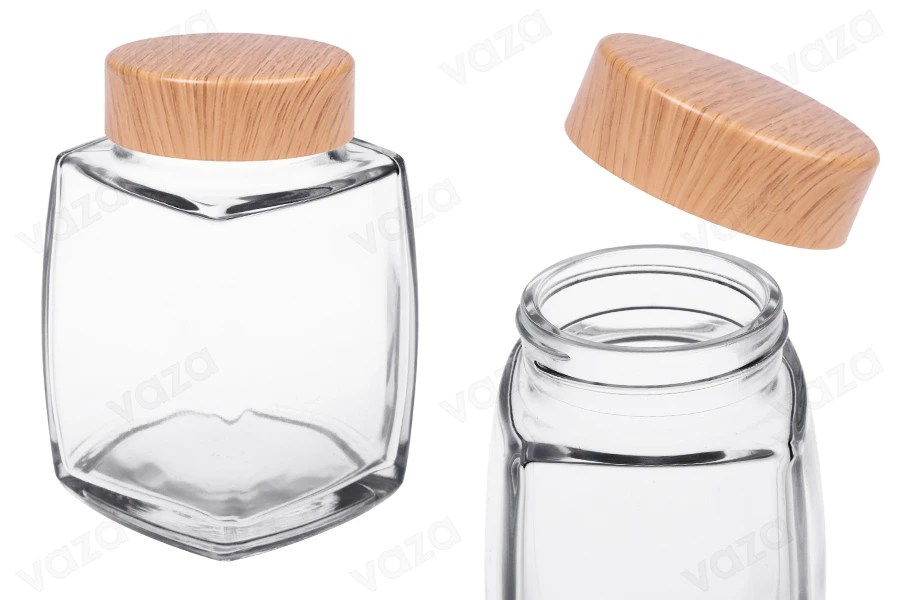 Γυάλινο βάζο 500 ml με πλαστικό καπάκι σε σχέδιο ξύλου - 4 τμχ-εικόνα_προϊοντική