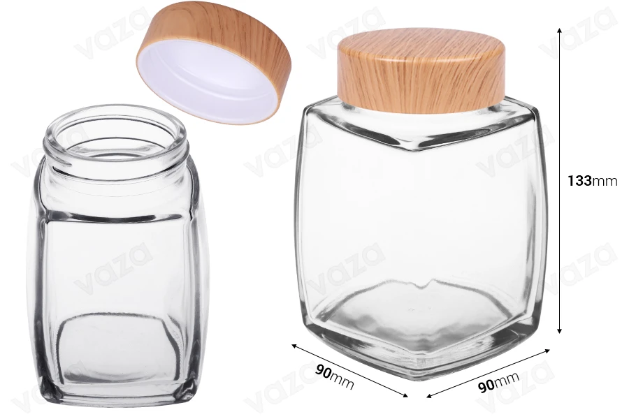 Γυάλινο βάζο 500 ml με πλαστικό καπάκι σε σχέδιο ξύλου - 4 τμχ-εικόνα_διαστάσεις