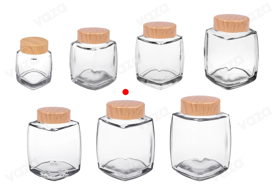 Γυάλινο βάζο 500 ml με πλαστικό καπάκι σε σχέδιο ξύλου - 4 τμχ-εικόνα_σύνθεση