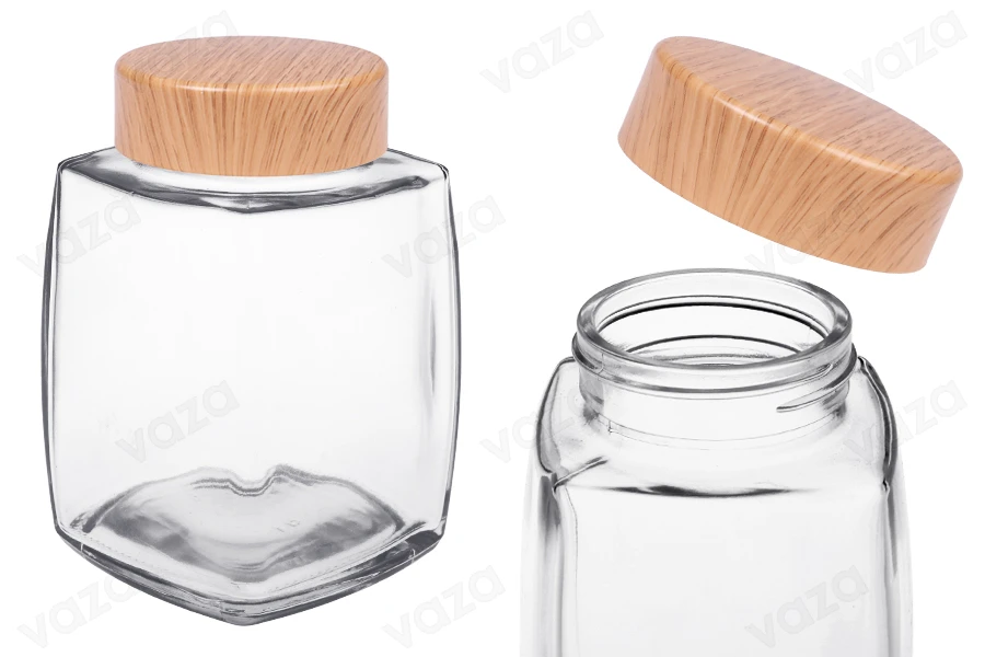 Γυάλινο βάζο 750 ml με πλαστικό καπάκι σε σχέδιο ξύλου - 4 τμχ-εικόνα_προϊοντική