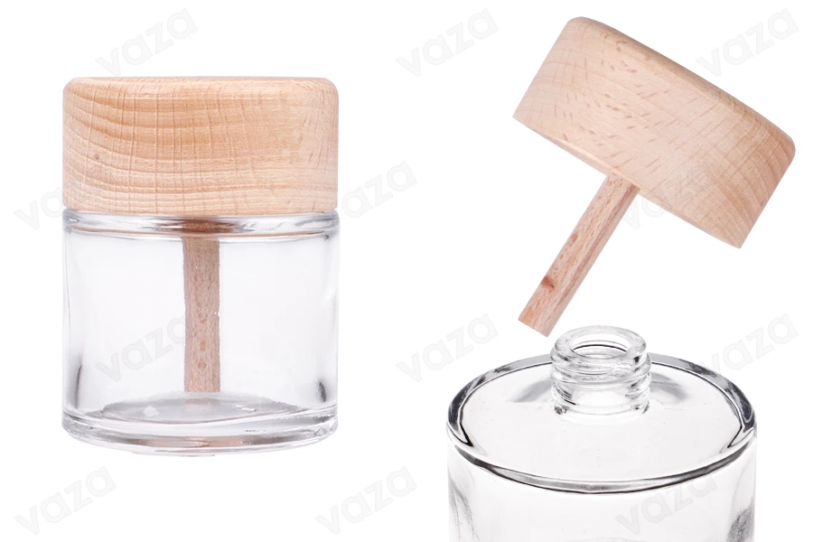 Γυάλινο διάφανο μπουκαλάκι 50 ml με ξύλινο καπάκι για αρωματικό χώρου Γυάλινο διάφανο μπουκαλάκι 50 ml με ξύλινο καπάκι για αρωματικό χώρου-εικόνα_προϊοντική