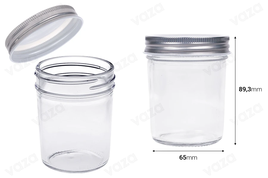Kavanoz qelqi 200 ml me kapak alumini ngjyrë argjendi - 6 copë Kavanoz qelqi 200 ml me kapak alumini ngjyrë argjendi - 6 copë-imazh_dimensione