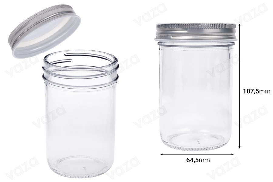 Kavanoz qelqi 250 ml me kapak alumini ngjyrë argjendi - 6 copë Kavanoz qelqi 250 ml me kapak alumini ngjyrë argjendi - 6 copë-imazh_dimensione