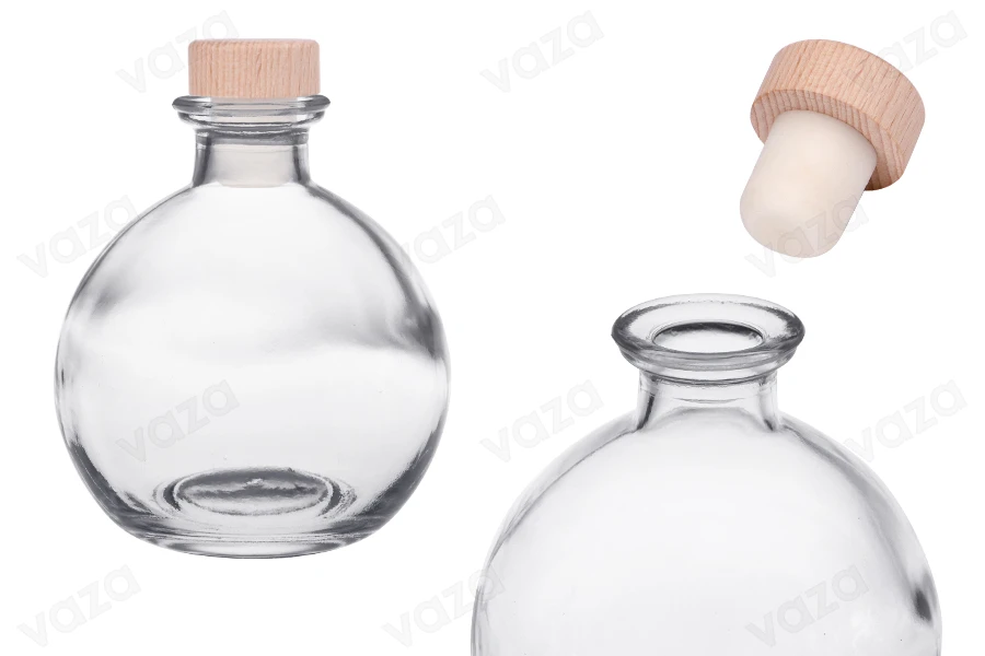 Γυάλινο σφαιρικό μπουκάλι 250 ml με φελλό σιλικόνης με ξύλινη κεφαλή-εικόνα_προϊοντική
