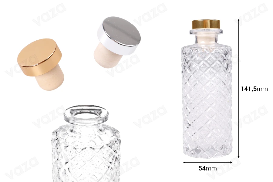Embossed glass decorative bottle 170 ml for reed diffuser with silicone cork-image_dimensions