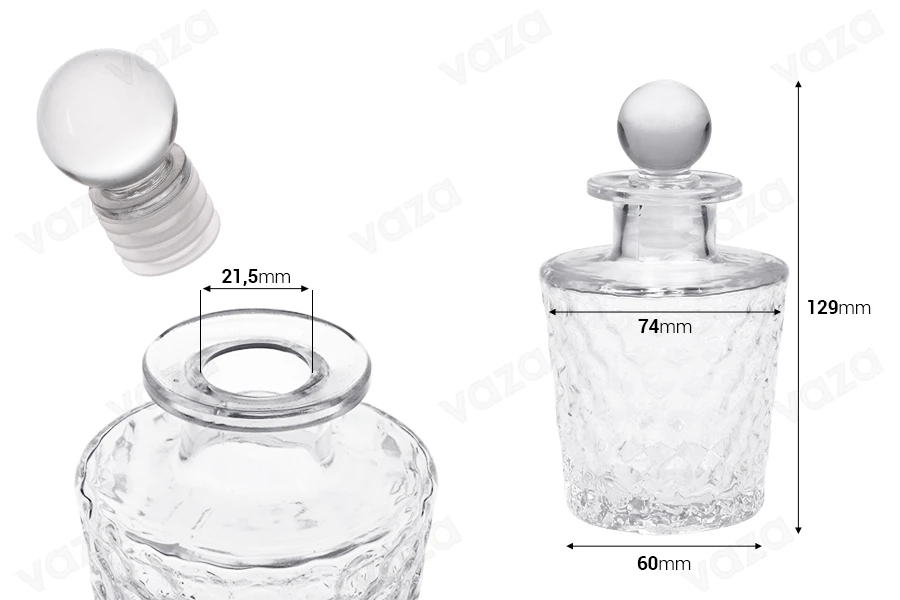 Γυάλινο ανάγλυφο μπουκαλάκι 150 ml με γυάλινο πώμα-εικόνα_διαστάσεις
