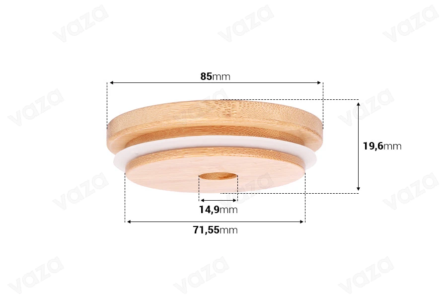 Couvercle en bois avec trou et caoutchouc pour bocaux avec col intérieur diamètre 70,5 mm Couvercle en bois avec trou et caoutchouc pour bocaux avec col intérieur diamètre 70,5 mm-photo_dimensions
