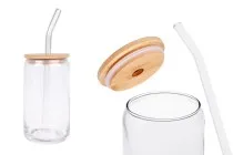 Verre - pot en verre 400 ml avec couvercle en bois et paille en verre - 6 pcs
