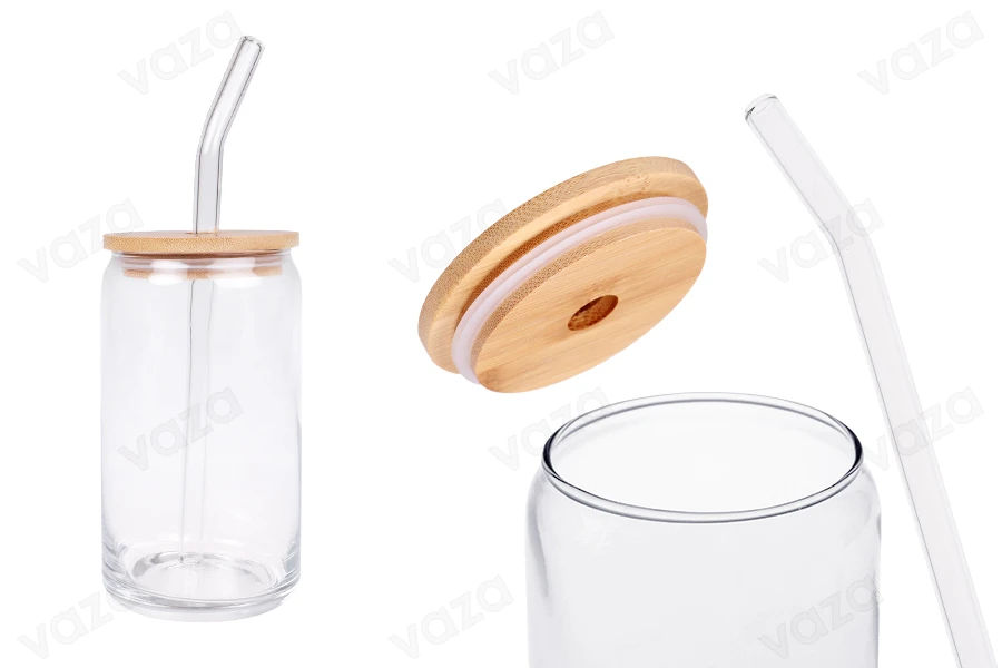 Ποτήρι - βάζο γυάλινο 400 ml με ξύλινο καπάκι και γυάλινο καλαμάκι - 6 τμχ-εικόνα_προϊοντική