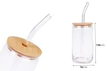 Verre - pot en verre 400 ml avec couvercle en bois et paille en verre - 6 pcs