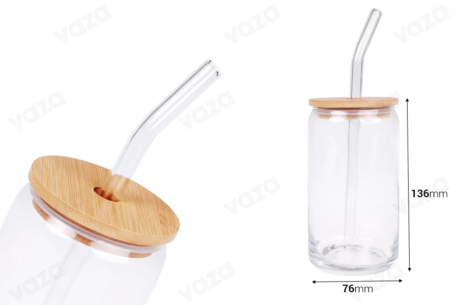 Ποτήρι - βάζο γυάλινο 400 ml με ξύλινο καπάκι και γυάλινο καλαμάκι - 6 τμχ-εικόνα_διαστάσεις
